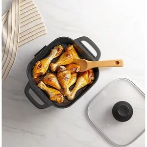 Square Nonstick Deep Sauté Pan with Glass Lid and Wooden Spatula Gray Granite